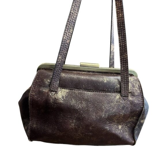 Patricia Nash Distressed Brown Leather Satchel Gold Metallic Frame Shoulder Bag - Picture 3 of 9